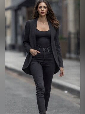 Blaque Label Charcoal Open Front Blazer Draped Hem NWT Size S